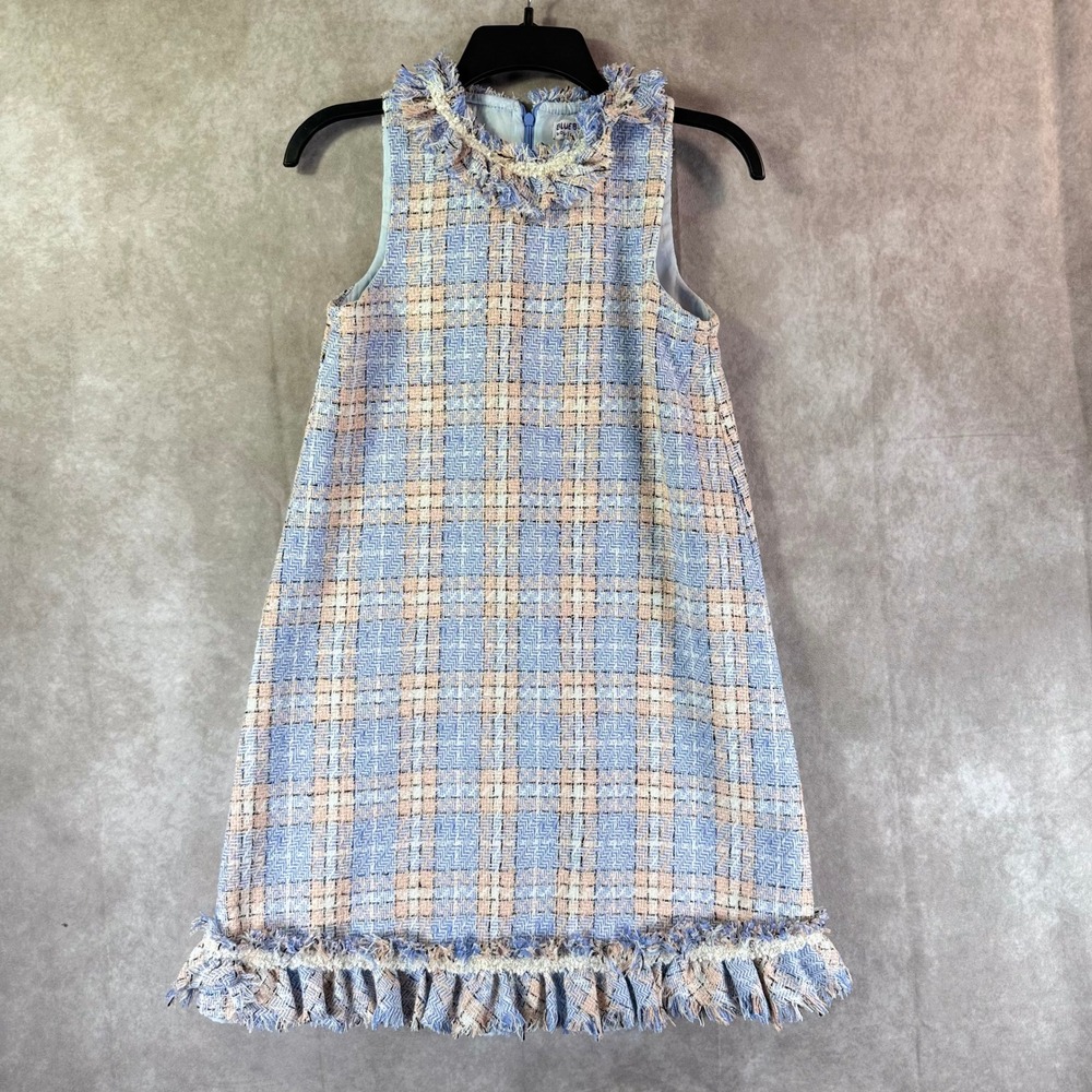 Blueberi Boulevard Dress Girls 16 Boucle Multi Plaid Tweed Fringe Easter Formal
